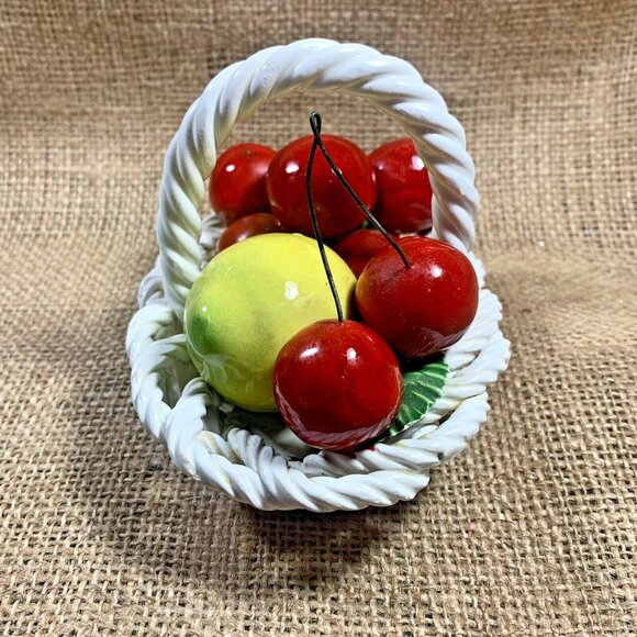 Vintage Ceramic Laced Fruit Basket 4.5" Oval Lemon Cherries Made in Italy - Picture 3 of 11